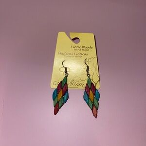 Colorful Costa Rica Wood Handmade Dangling Earrings With Silver Ear Posts